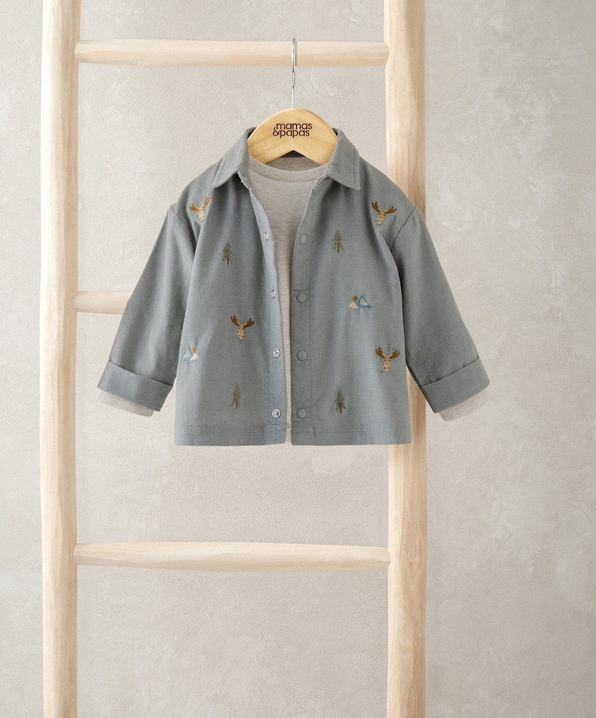 Gray cord shirt with button front and woodland print, long sleeves