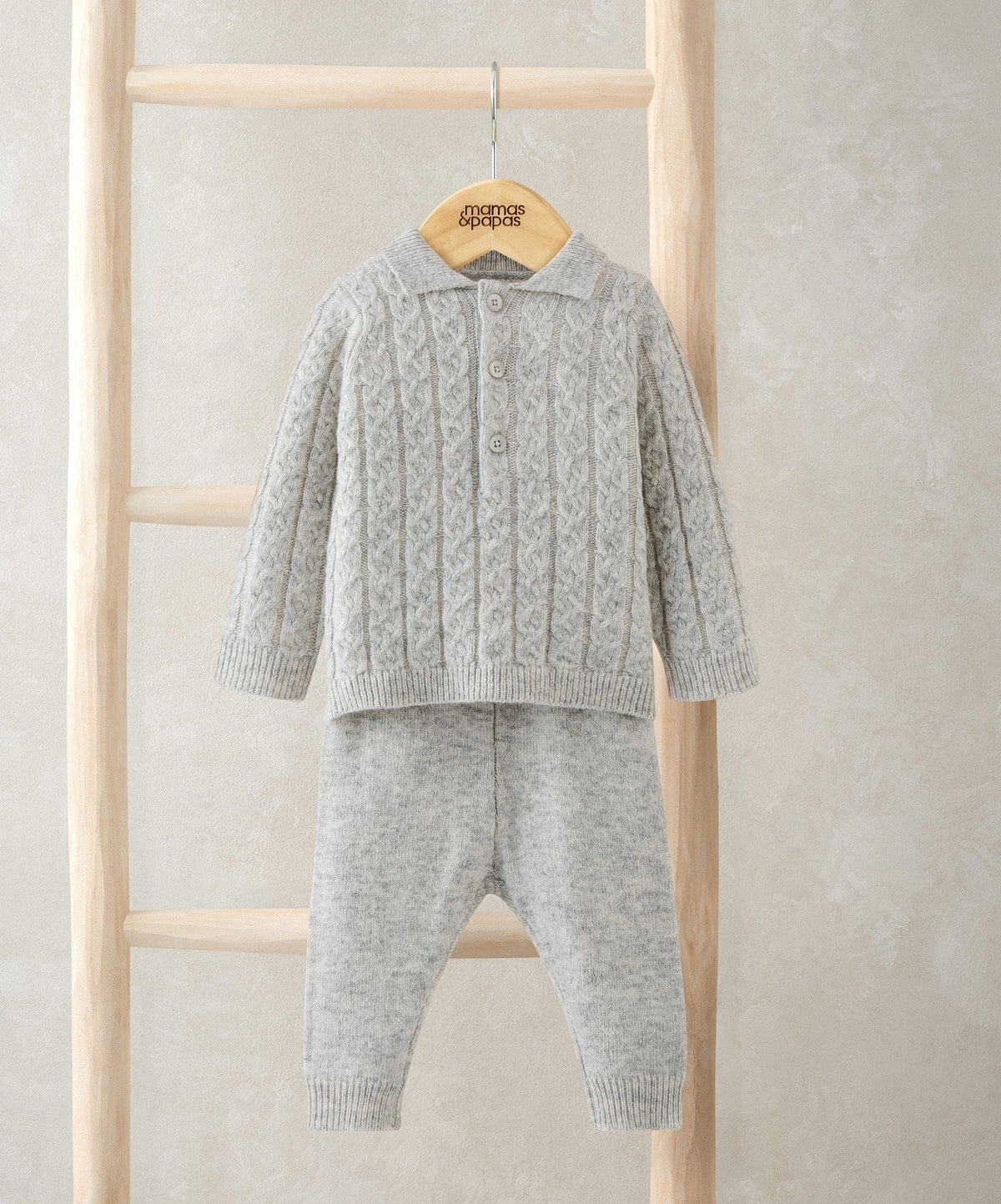 Kids cable-knit jumper and trouser set, grey knit with button placket and cable pattern