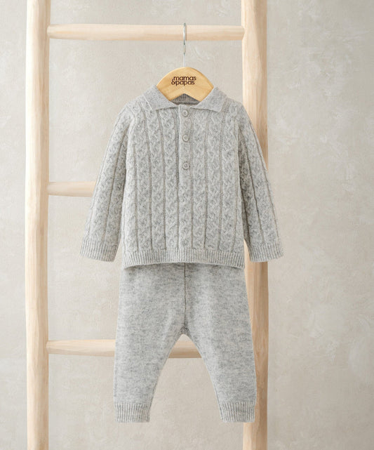 Kids cable-knit jumper and trouser set, grey knit with button placket and cable pattern