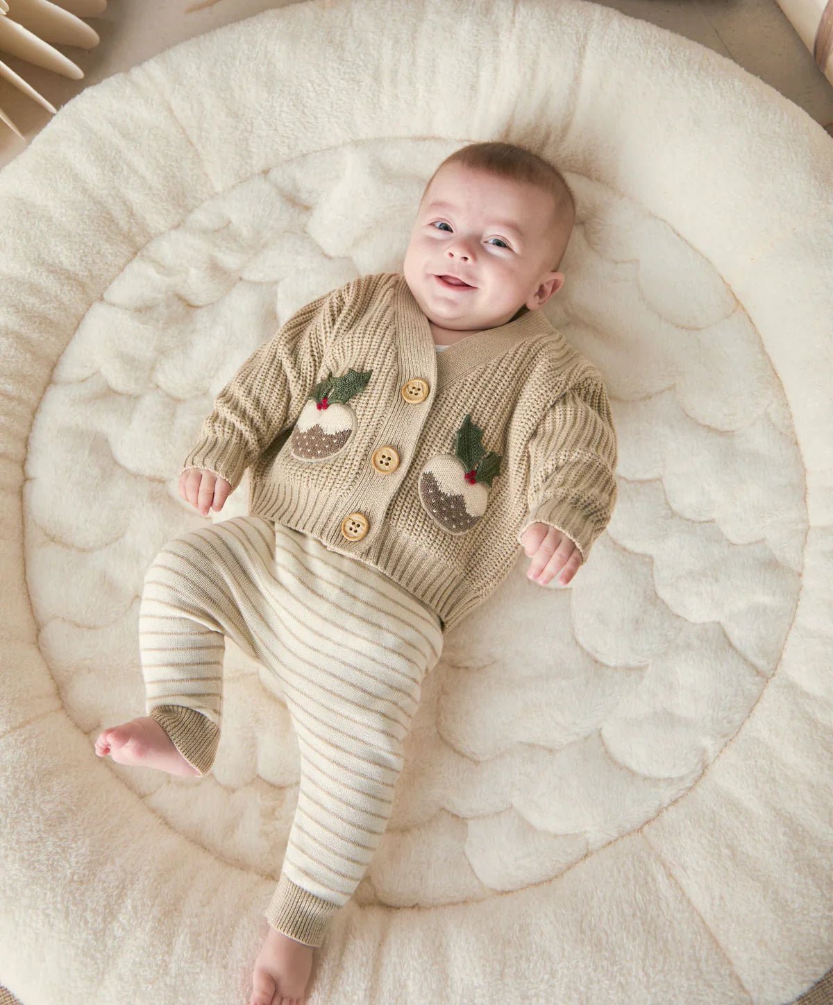 Knitted cardigan and striped pants outfit set with pudding appliques, long sleeves