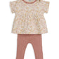 Ditsy floral top with short sleeves and mauve rib-knit leggings, front view