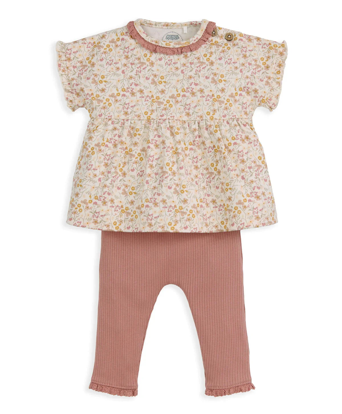 Ditsy floral top with short sleeves and mauve rib-knit leggings, front view