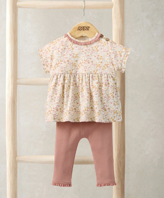 Floral baby T-shirt and mauve ribbed leggings outfit set, short sleeves, gathered hem