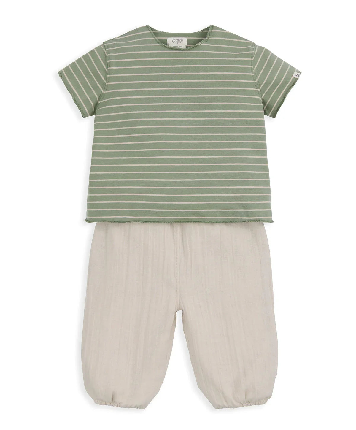 Striped T-shirt and trouser outfit set with green-and-white tee and cream pants