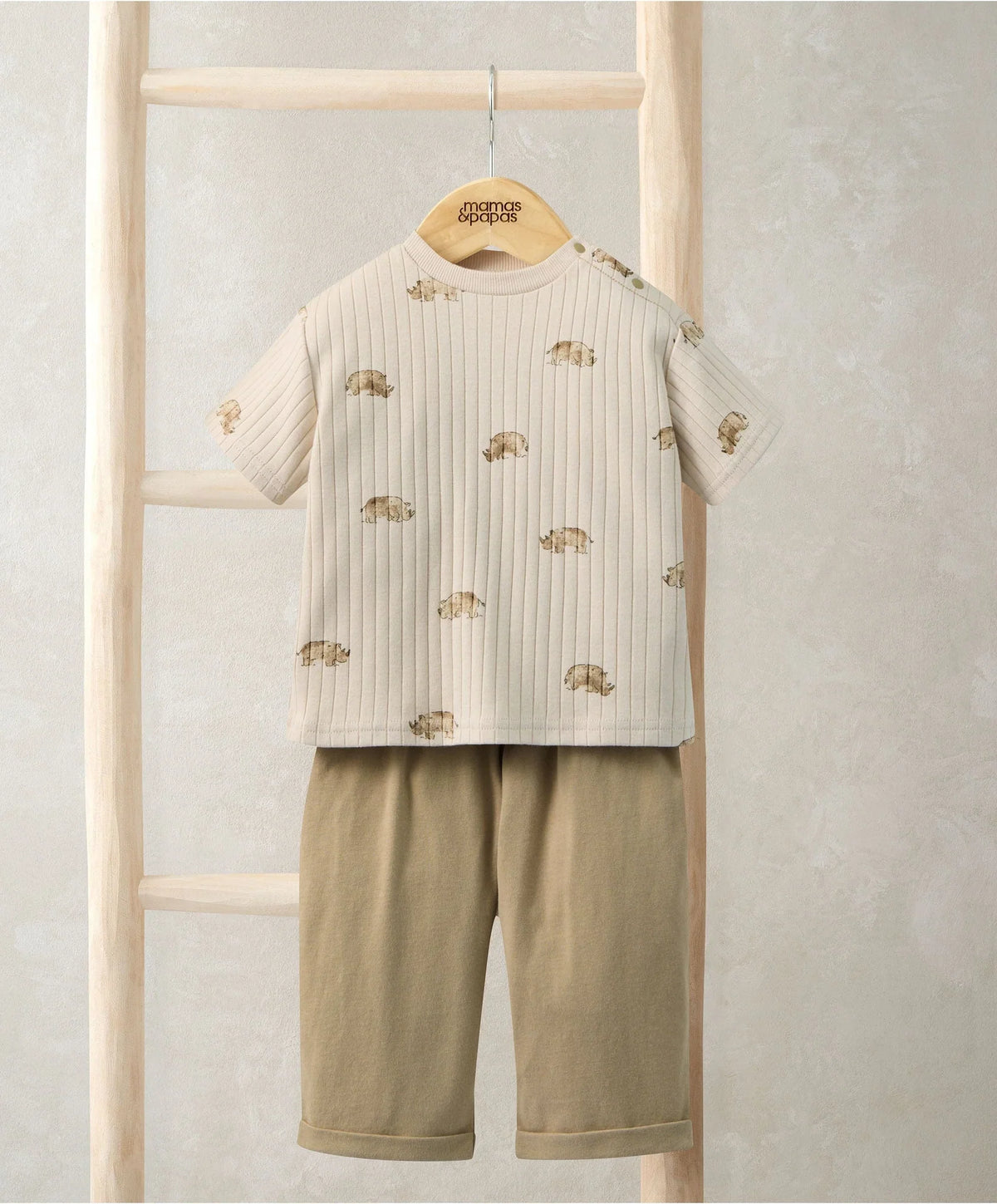 Ribbed t-shirt and trousers set, cream with small rhino print, olive-green pants