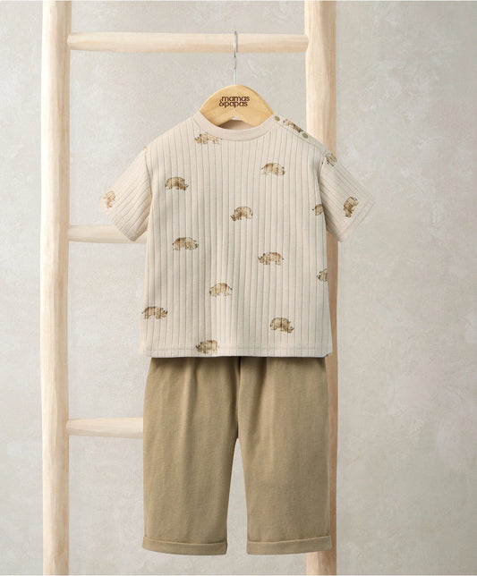 Ribbed t-shirt and trousers set, cream with small rhino print, olive-green pants