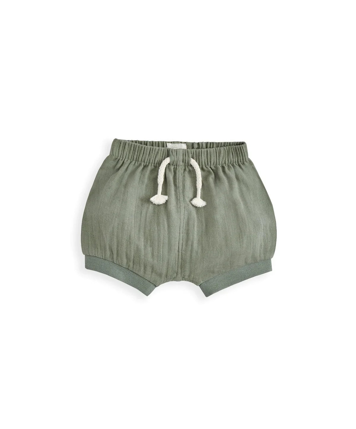 Olive shorts with elastic waist and white drawstring tassels