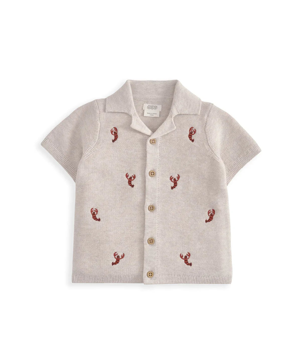 Knitted lobster shirt with short sleeves, button front, light gray and red lobsters