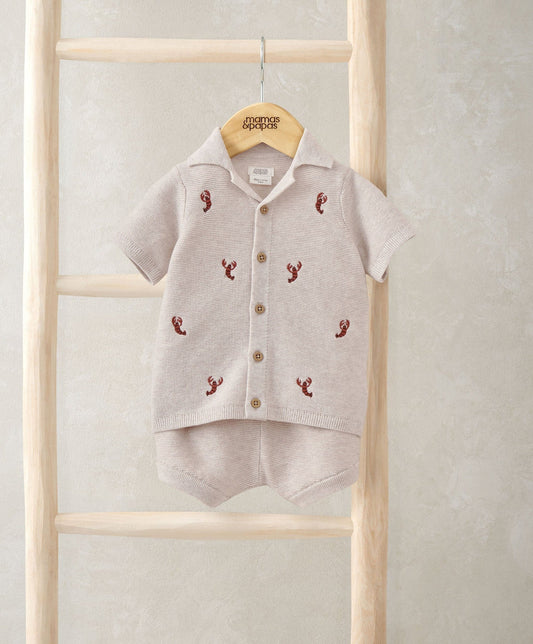 Knitted lobster shirt and shorts set on hanger, light gray with red lobster pattern