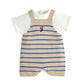 Knitted dungarees romper with blue horizontal stripes and red chest logo over white tee