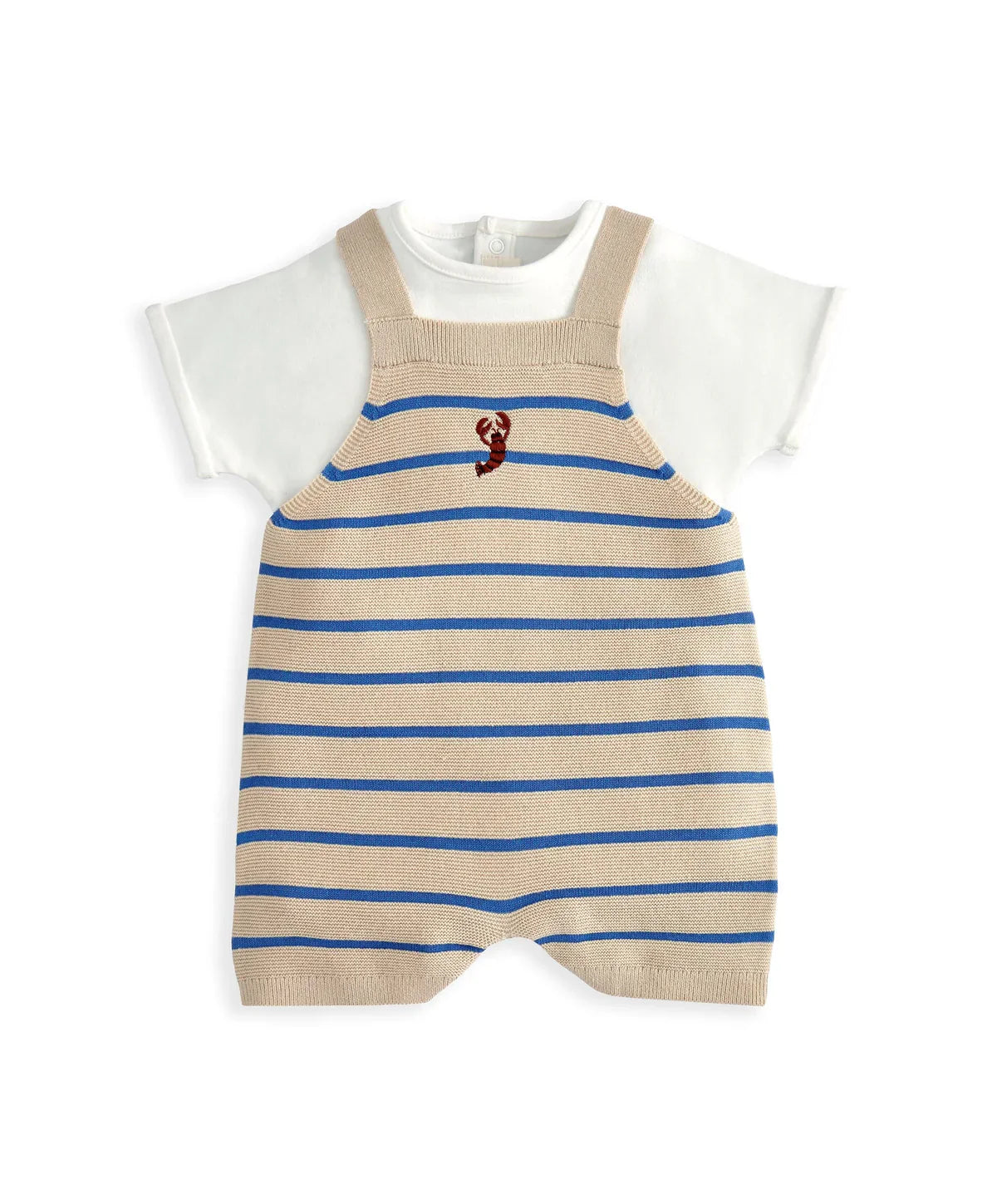 Knitted dungarees romper with blue horizontal stripes and red chest logo over white tee