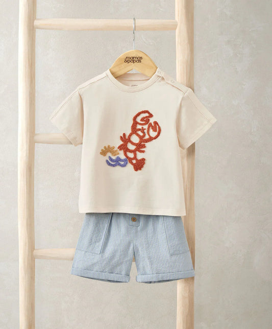Lobster applique t-shirt and light blue striped shorts set for baby