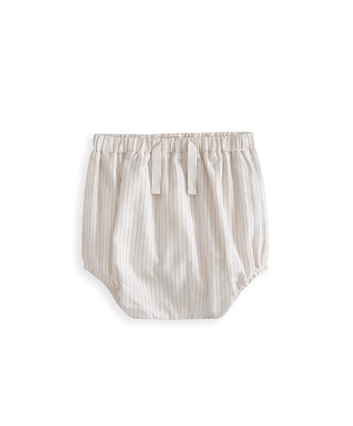 Cream pinstriped shorts with elastic waistband and drawstring ties