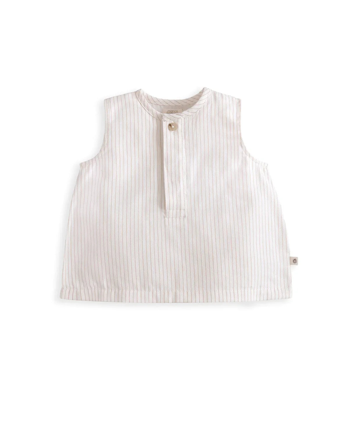 Cream pinstriped sleeveless top with button placket and round neckline
