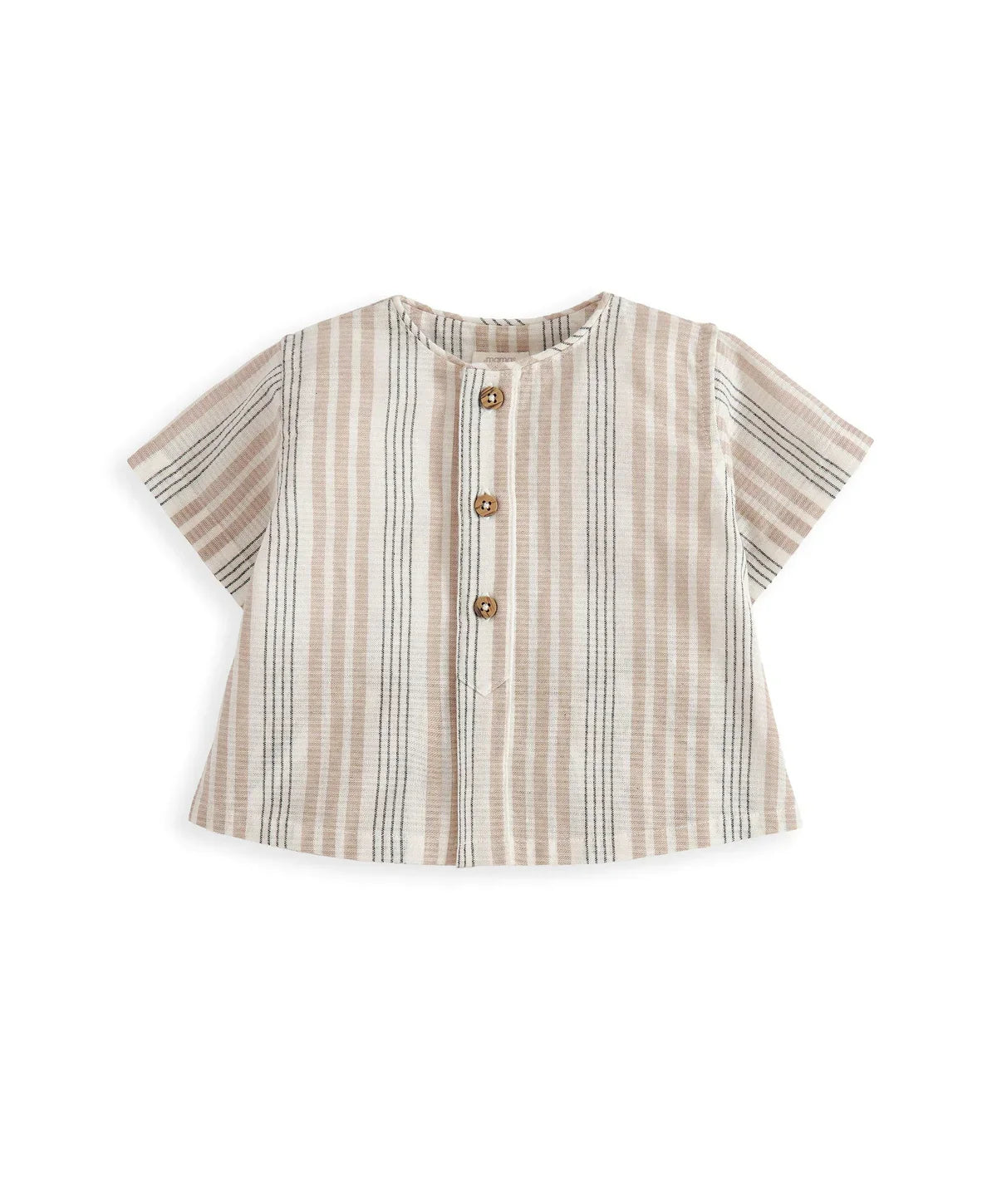 Woven striped top with short sleeves and button front, beige and white vertical lines