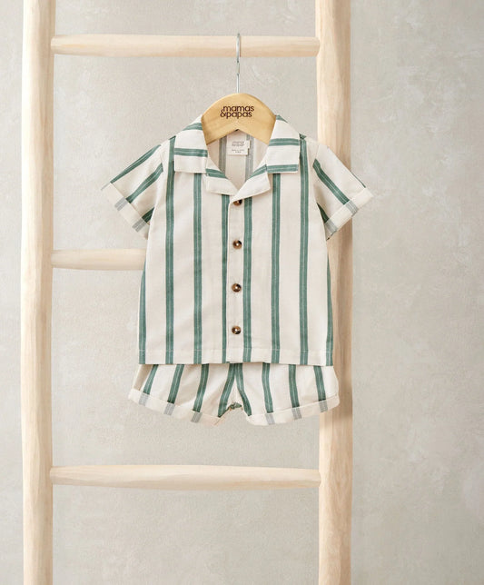 Kids striped green and cream shirt and shorts set with collar and buttons