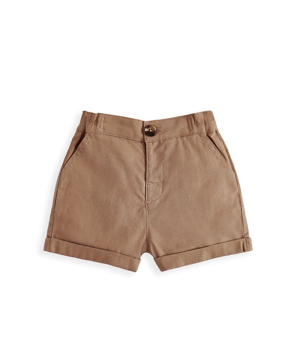 Cotton shorts with front center seam and button waistband, medium tan