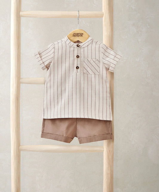 Shirt and shorts outfit set: striped button shirt with chest pocket and tan-brown shorts