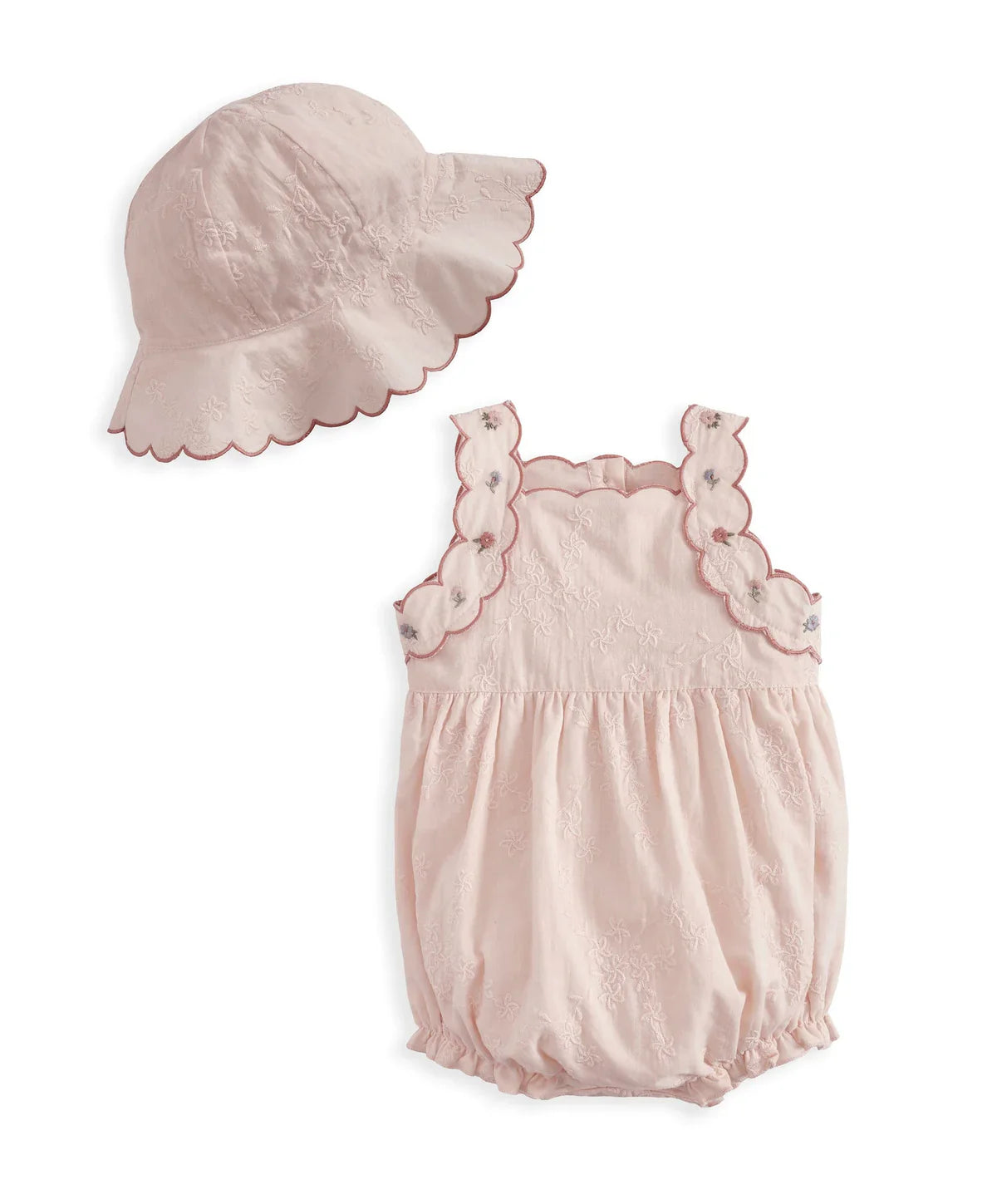 Matching light pink sun hat and baby romper set with scalloped trim and gathered waist