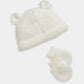 Cream borg beanie with pom-poms and matching cream mittens, plush fuzzy set