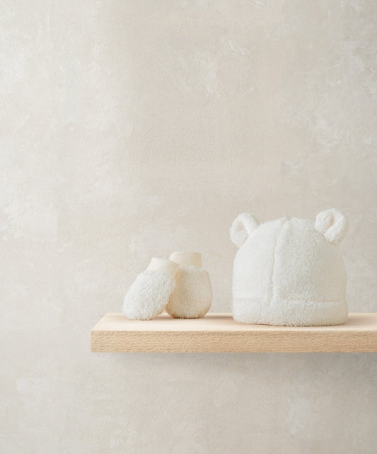 Cream borg hat and mitts set: pom-pom beanie with matching mittens, plush fleece