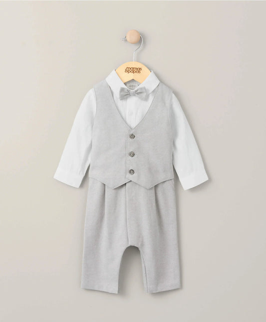Cream linen mock romper with gray waistcoat, bow tie, and front buttons