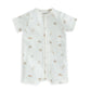 Shortie romper with light cream all-over safari animal print, centered zipper, short sleeves.