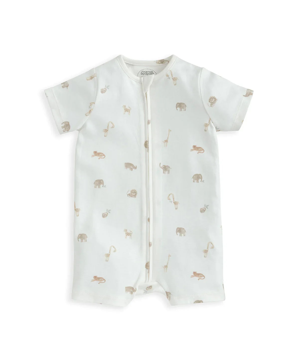 Shortie romper with light cream all-over safari animal print, centered zipper, short sleeves.