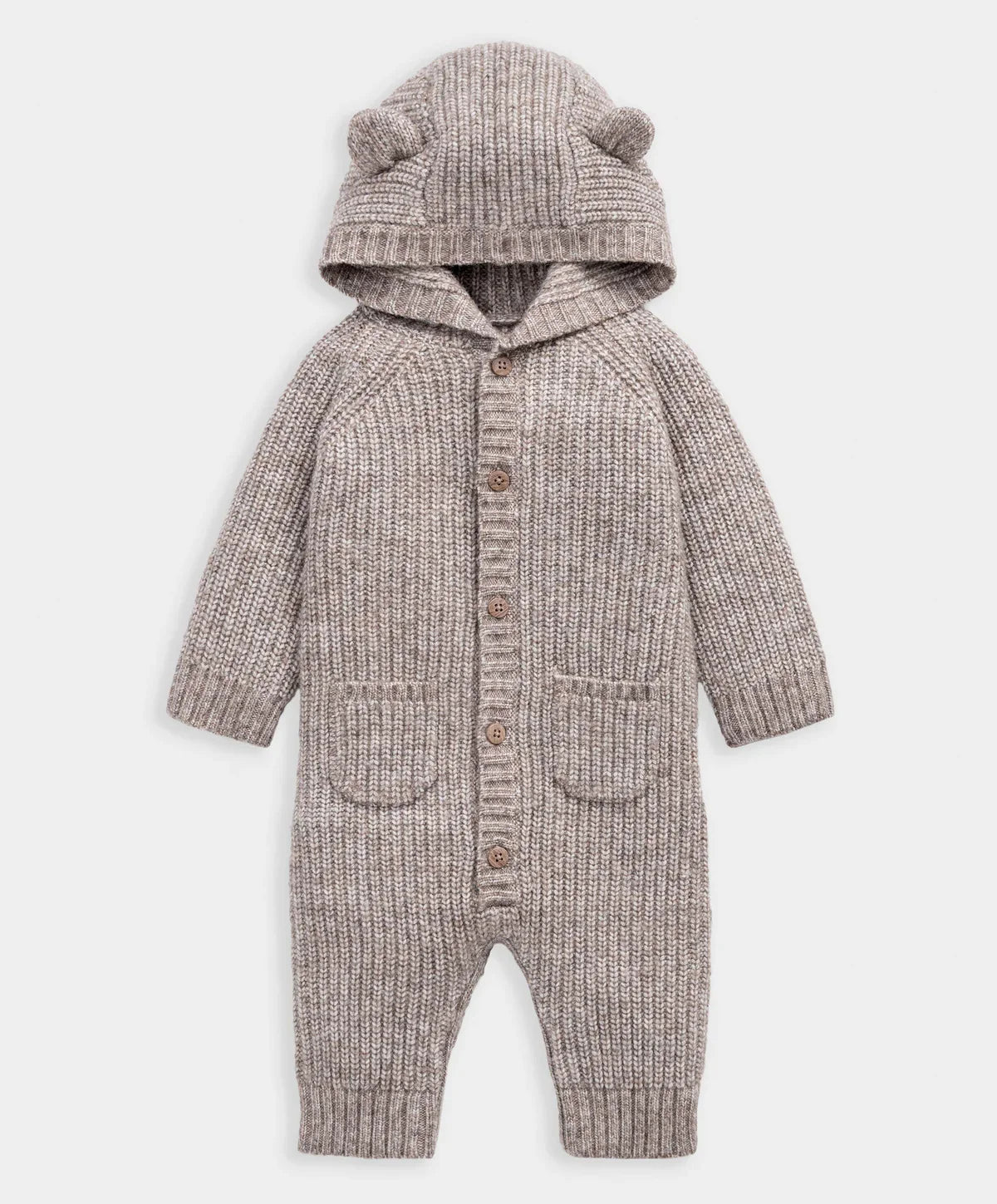 Grey ribbed knit hooded romper with button front, pockets, and face embroidery