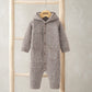 Grey ribbed knit hooded romper with long sleeves, button front, and front pockets
