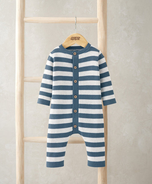 Striped knit romper with long sleeves, button-front placket, and round neckline