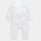 White pointelle knitted romper with button front and long sleeves