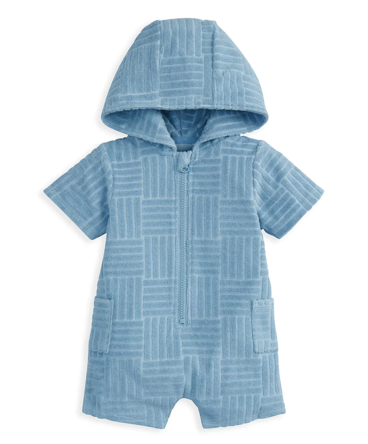 Light blue hooded towelling romper, front zip, short sleeves, textured waffle pattern