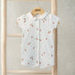 White strawberry-print romper with short sleeves and button front