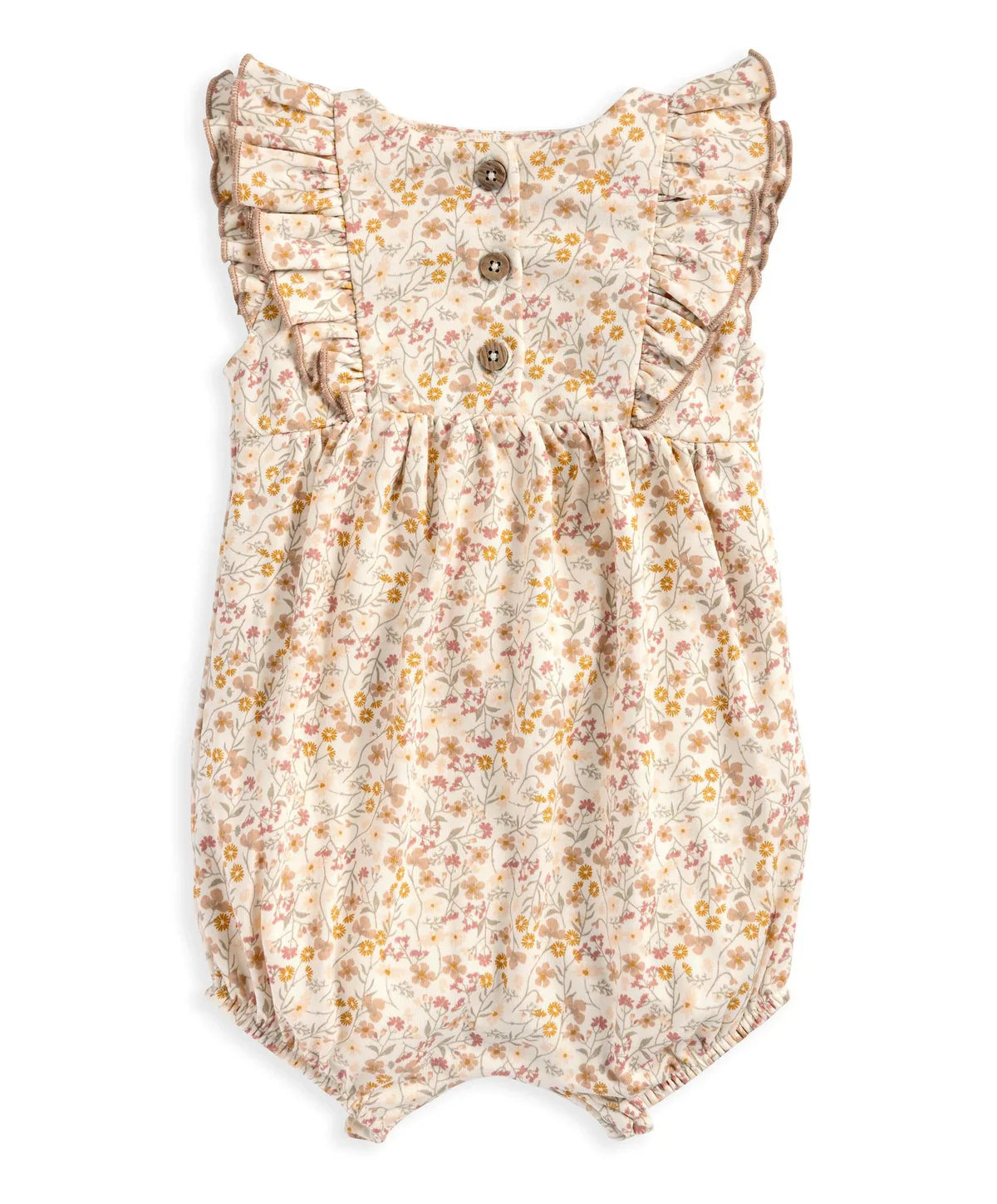 Cream ditsy floral shortie romper with ruffled shoulders and front buttons