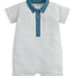 Striped polo romper with teal collar and placket, button front, short sleeves