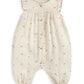 Cream frill-shoulder romper with allover floral print, pleated bib, button front