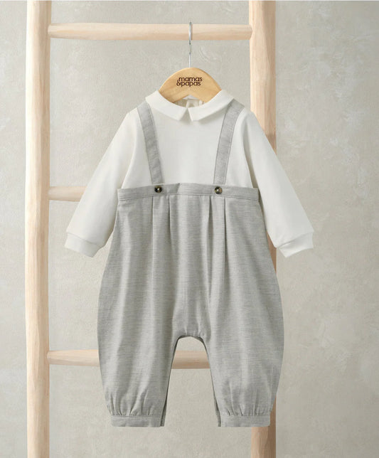 Mock suit romper with white shirt collar and grey suspender overalls