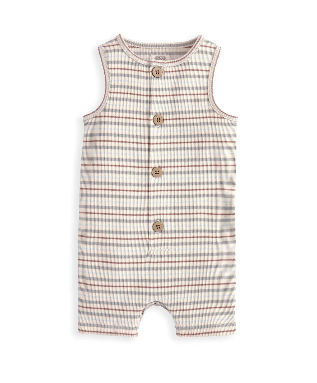 Ribbed shortie romper in light horizontal stripes, sleeveless with button placket