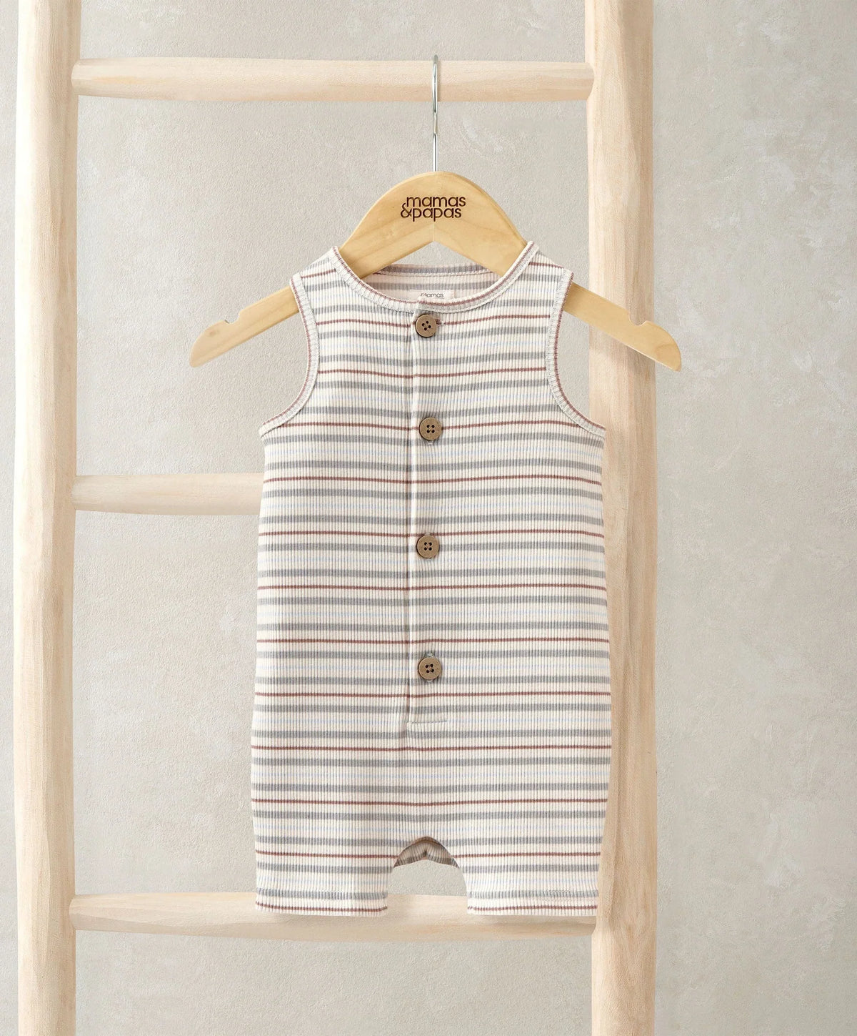 Ribbed shortie romper, sleeveless striped knit with buttoned front and open legs