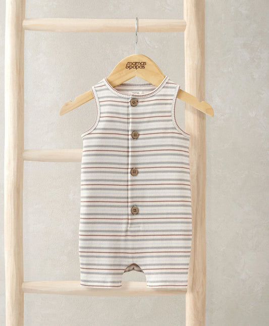 Ribbed shortie romper, sleeveless striped knit with buttoned front and open legs