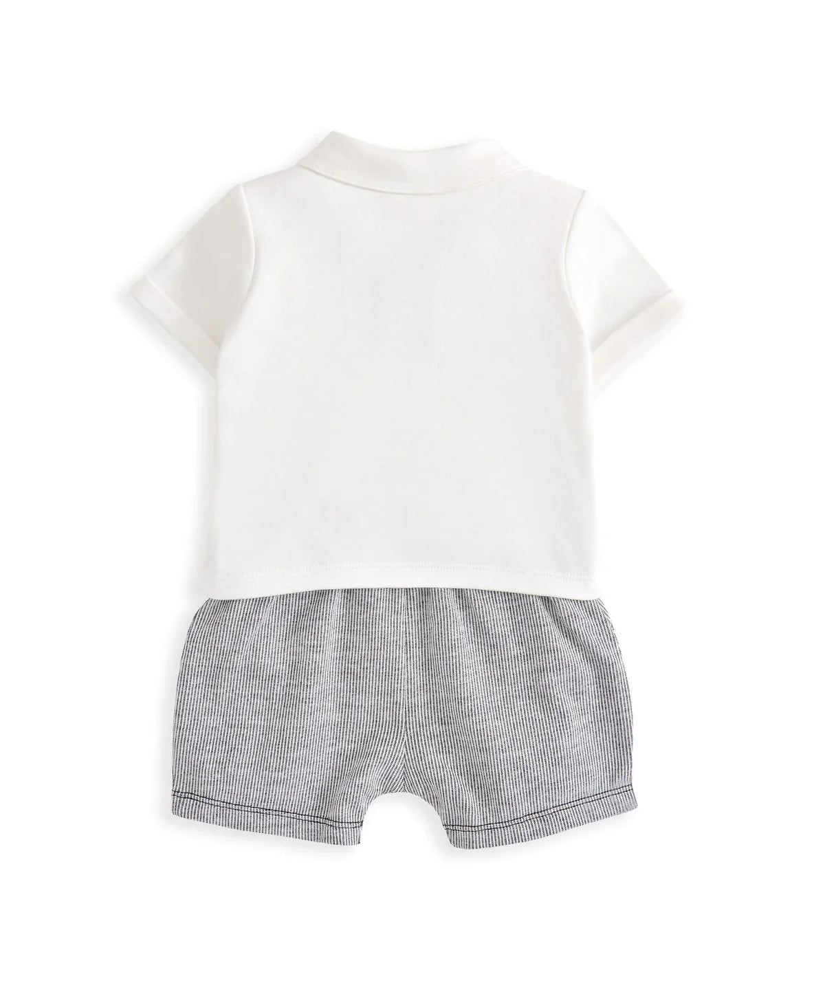 Back of white polo-style mock suit romper with grey shorts