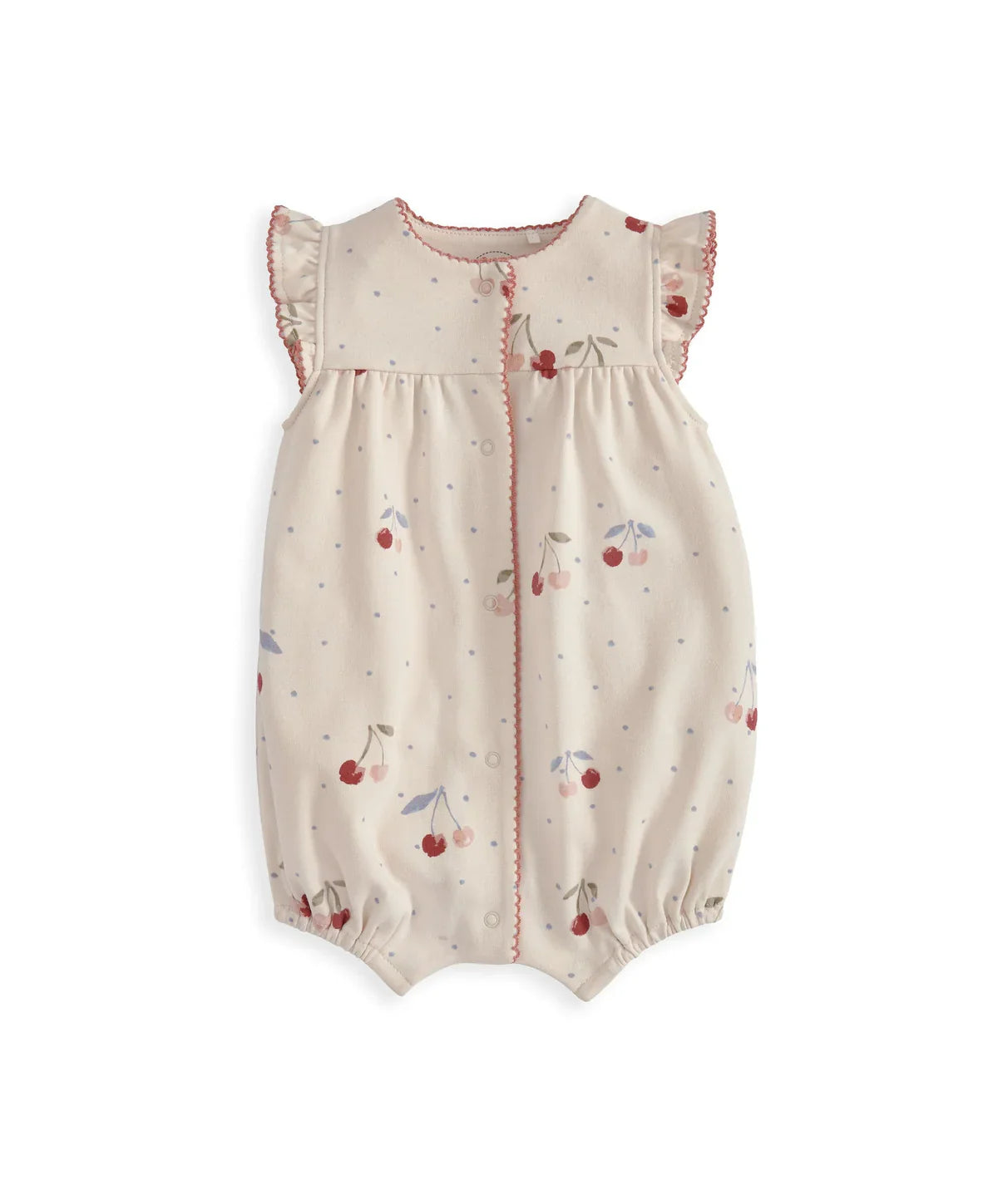 Cream cherry print romper with ruffled cap sleeves and gathered bodice