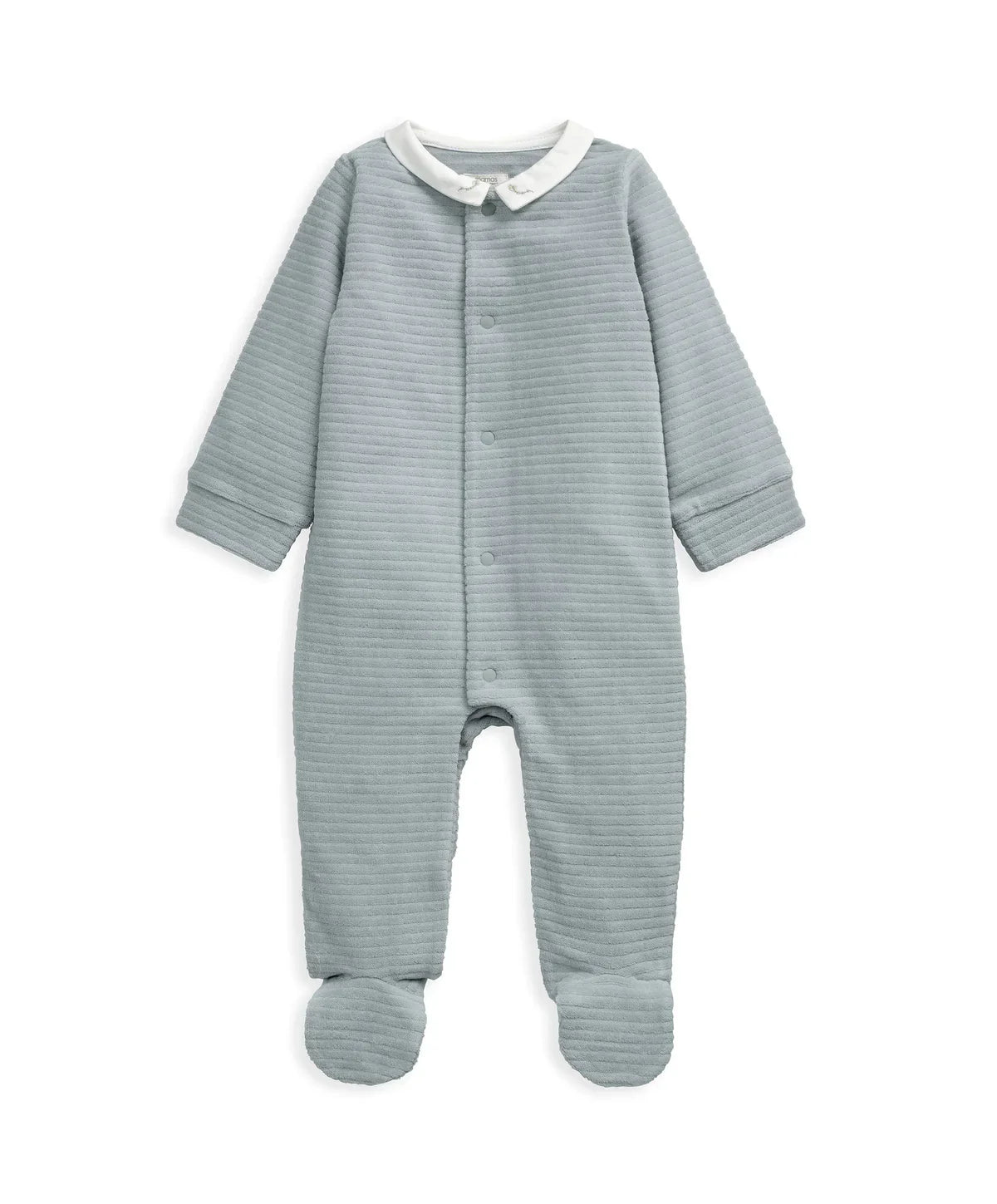 Baby footed onesie with long sleeves and button placket, light blue-gray ribbed