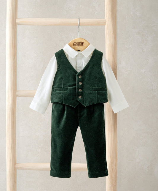 Green velour vest with buttons, white shirt, and matching green pants set