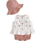 Pink bucket hat with white swing top and cherry print, gold buttons, plus pink bloomers