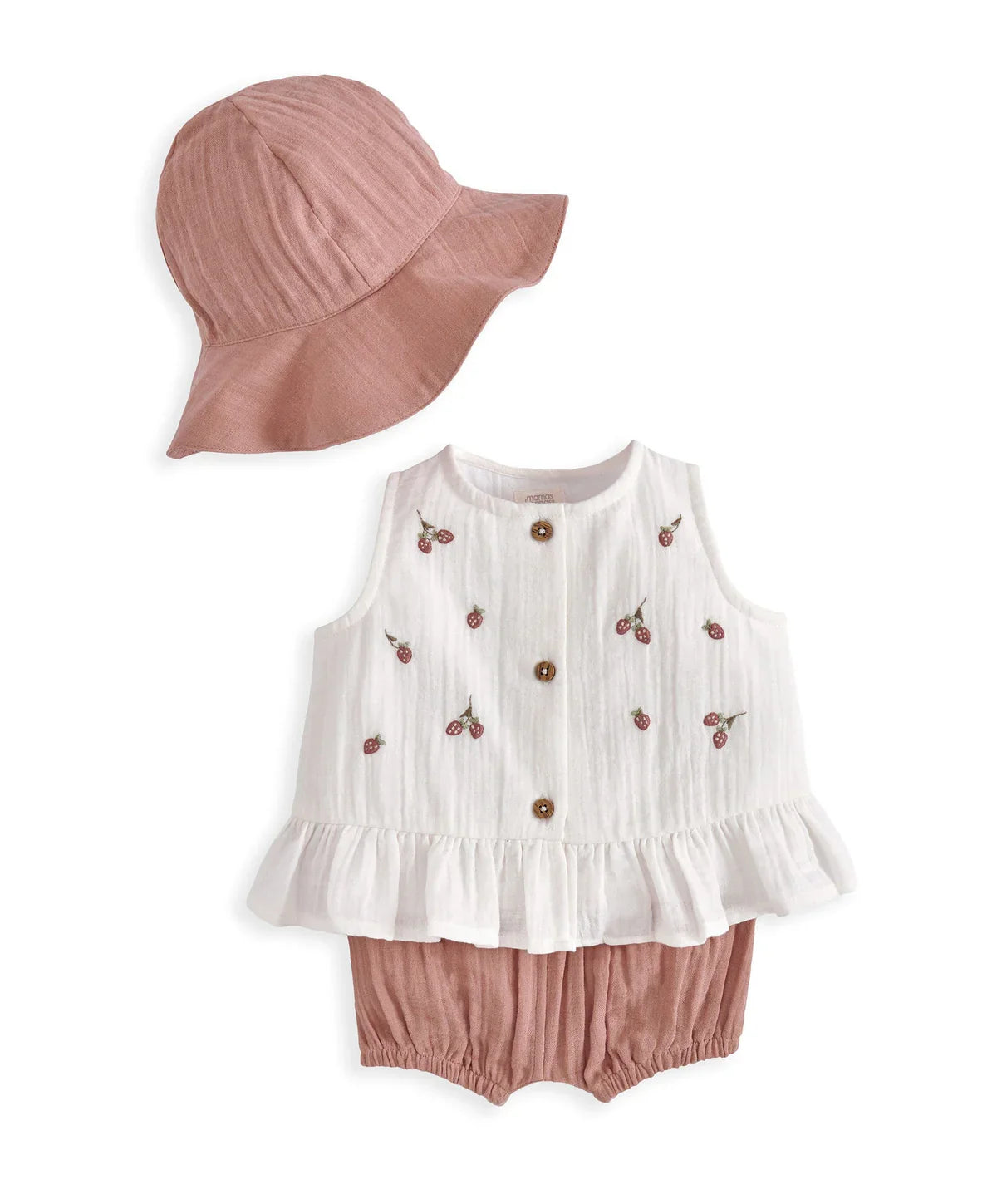 Pink bucket hat with white swing top and cherry print, gold buttons, plus pink bloomers
