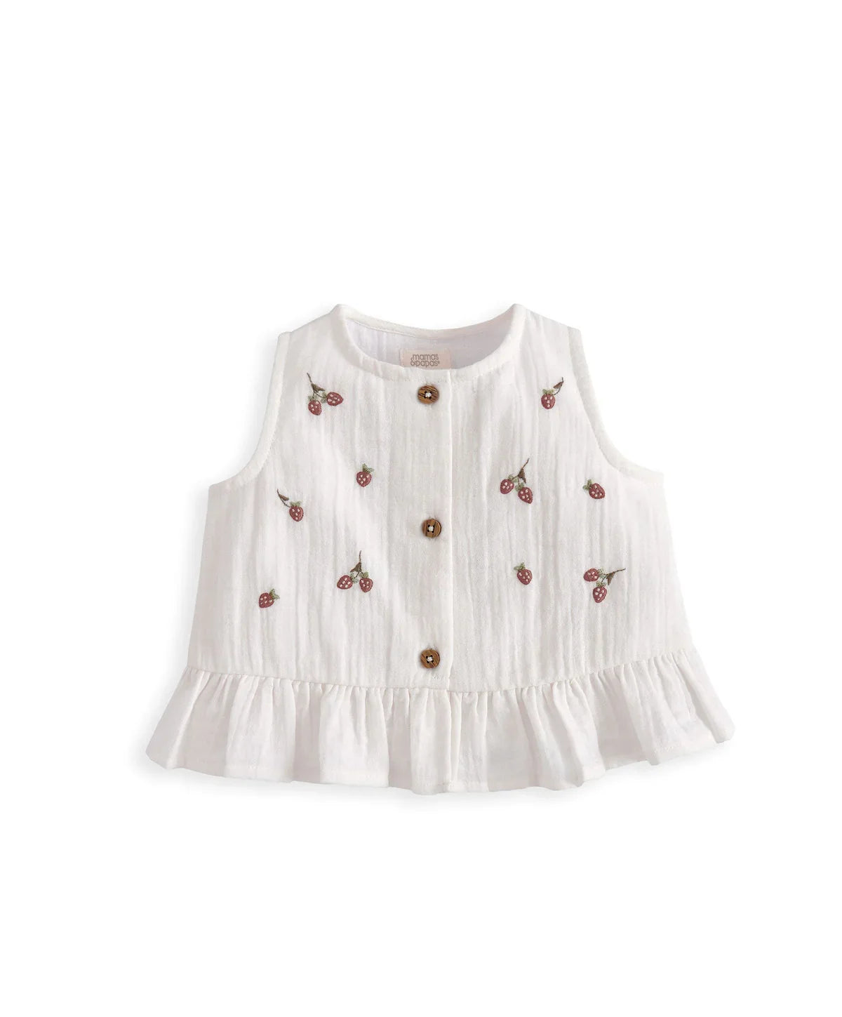 White sleeveless swing top with cherry print, gold buttons, and ruffled hem