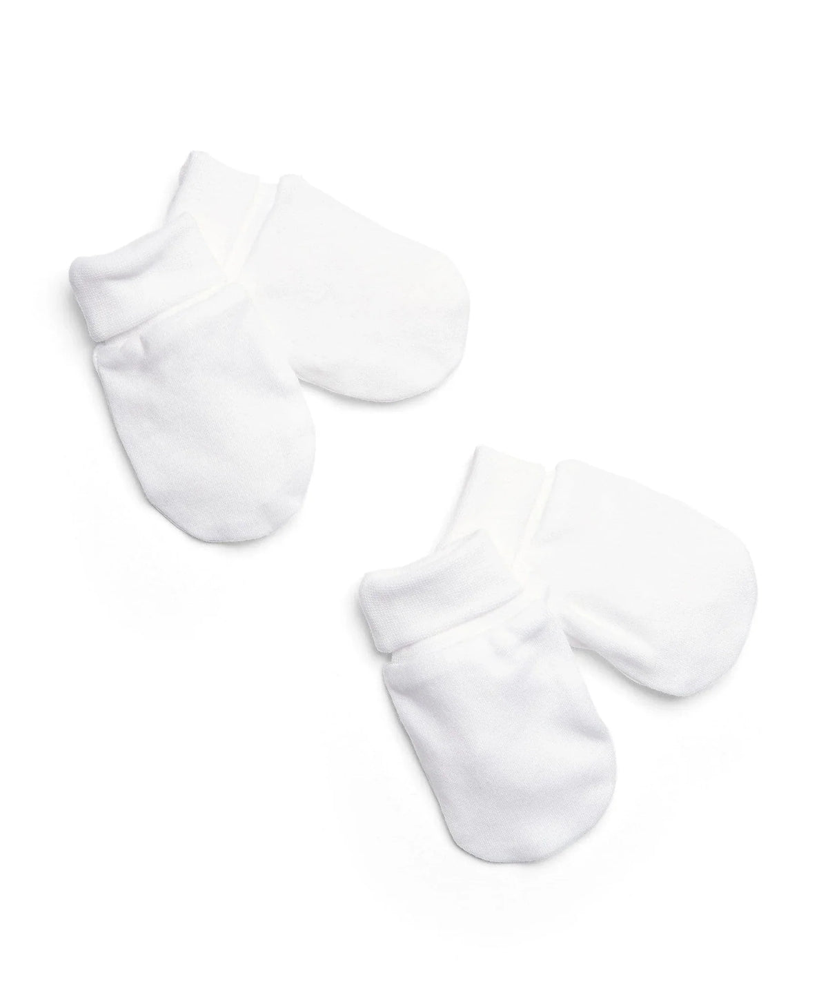 White baby scratch mittens, 2-pack, one-size, folded cuffs.