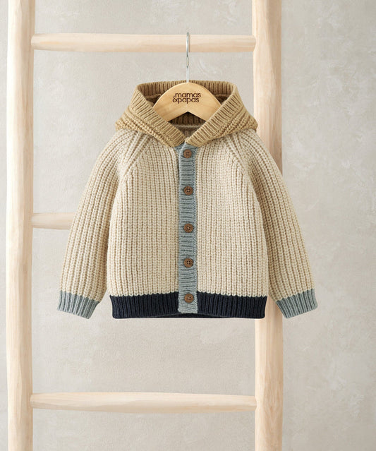 Hooded color-block cardigan with ribbed cuffs and hem, cream body, tan hood, navy lower band